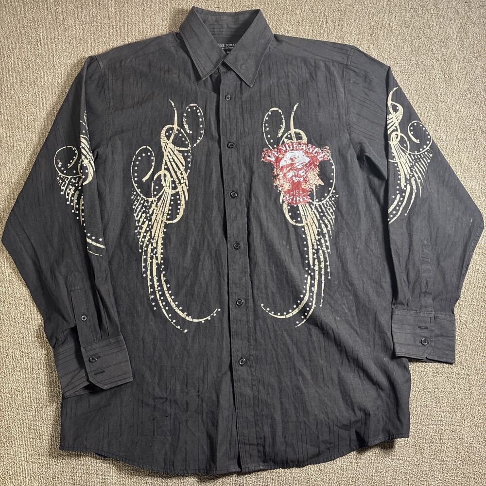 Men’s Affliction Style Button Up Shirt Black Bling “Vengeance Is Mine”Medium